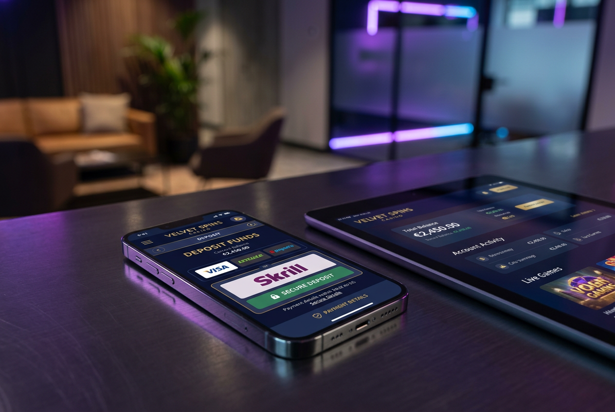 A high-end smartphone displaying a professional casino application with Skrill payment options.