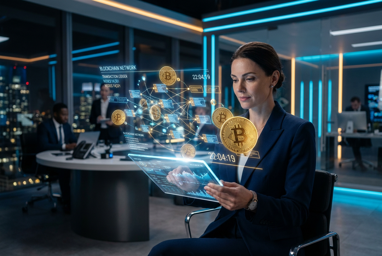 A futuristic high-tech digital vault with floating Bitcoin symbols and holographic data.