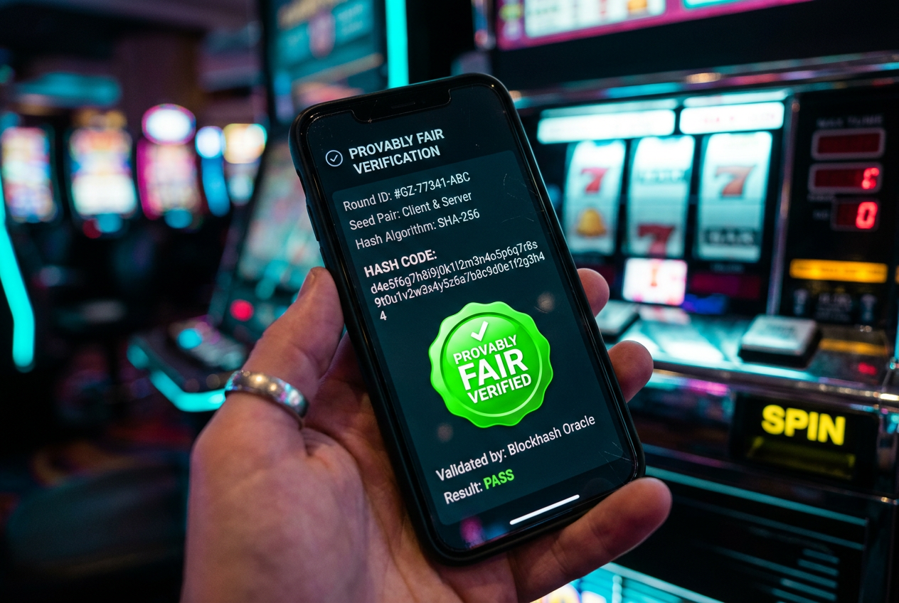A smartphone displaying a cryptographic hash and a green Verified checkmark over a casino game.