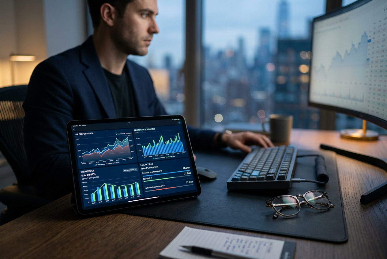 A professional workspace with graphs and charts representing casino transaction success rates and financial analysis.